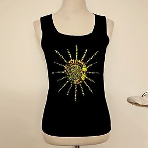 Lucia Burns black sleeveless tank yellow iridescent sequin sun graphic Med. EUC